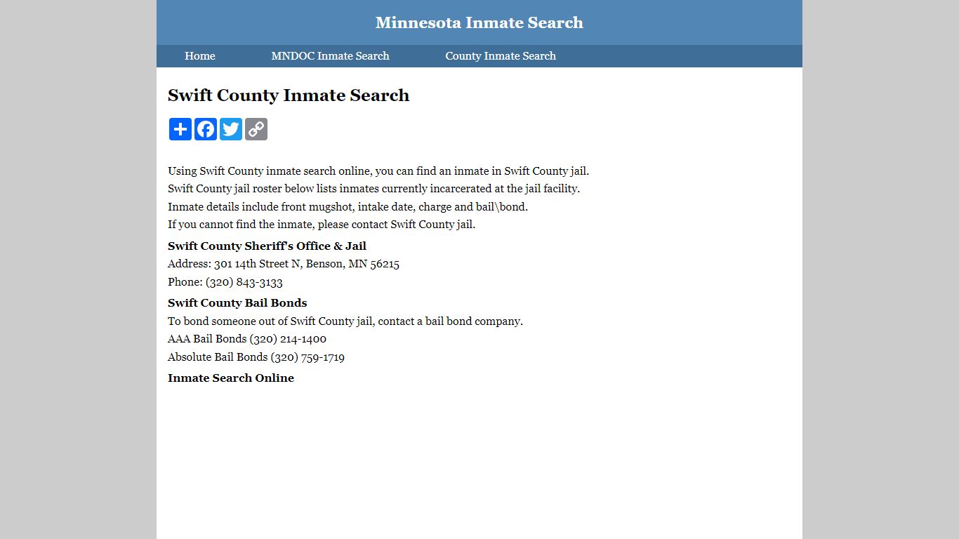Swift County Inmate Search